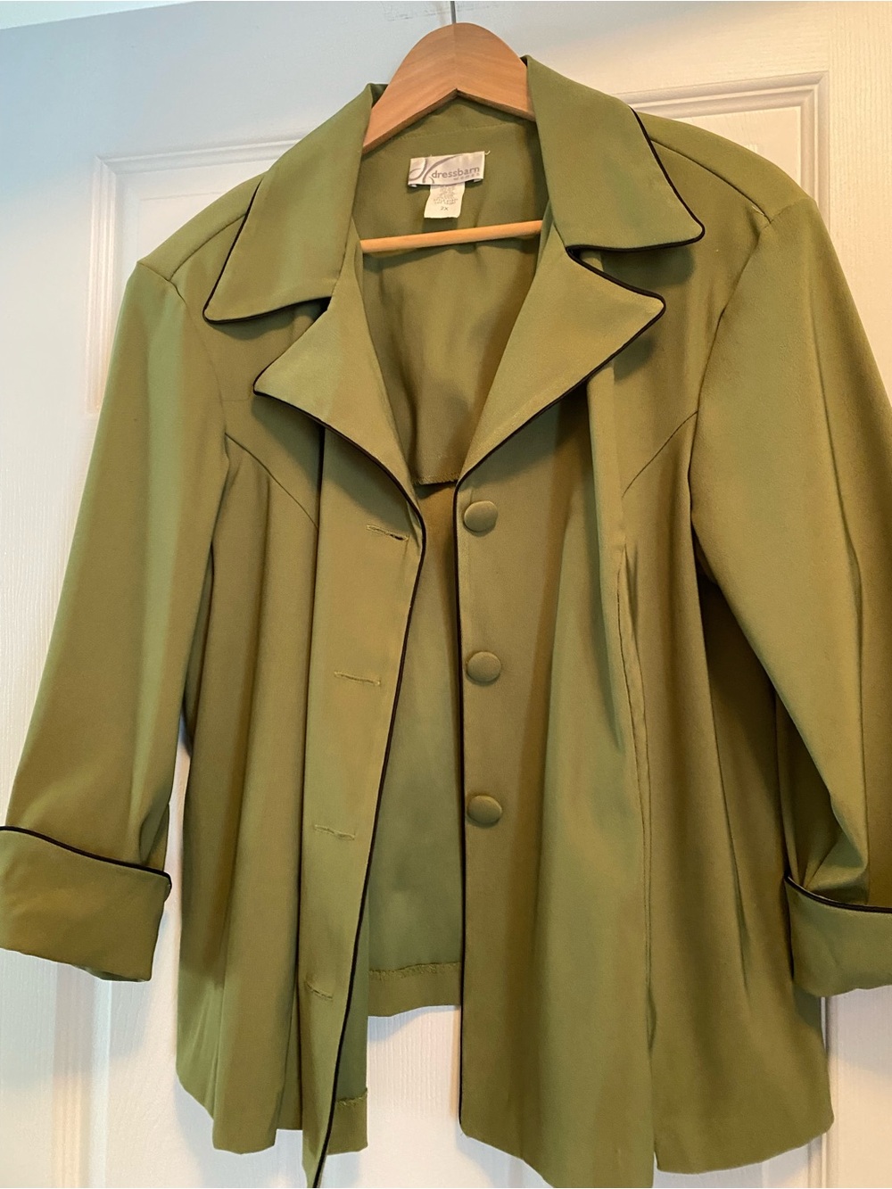 dressbarn Olive Green Jacket with Black Piping Trim